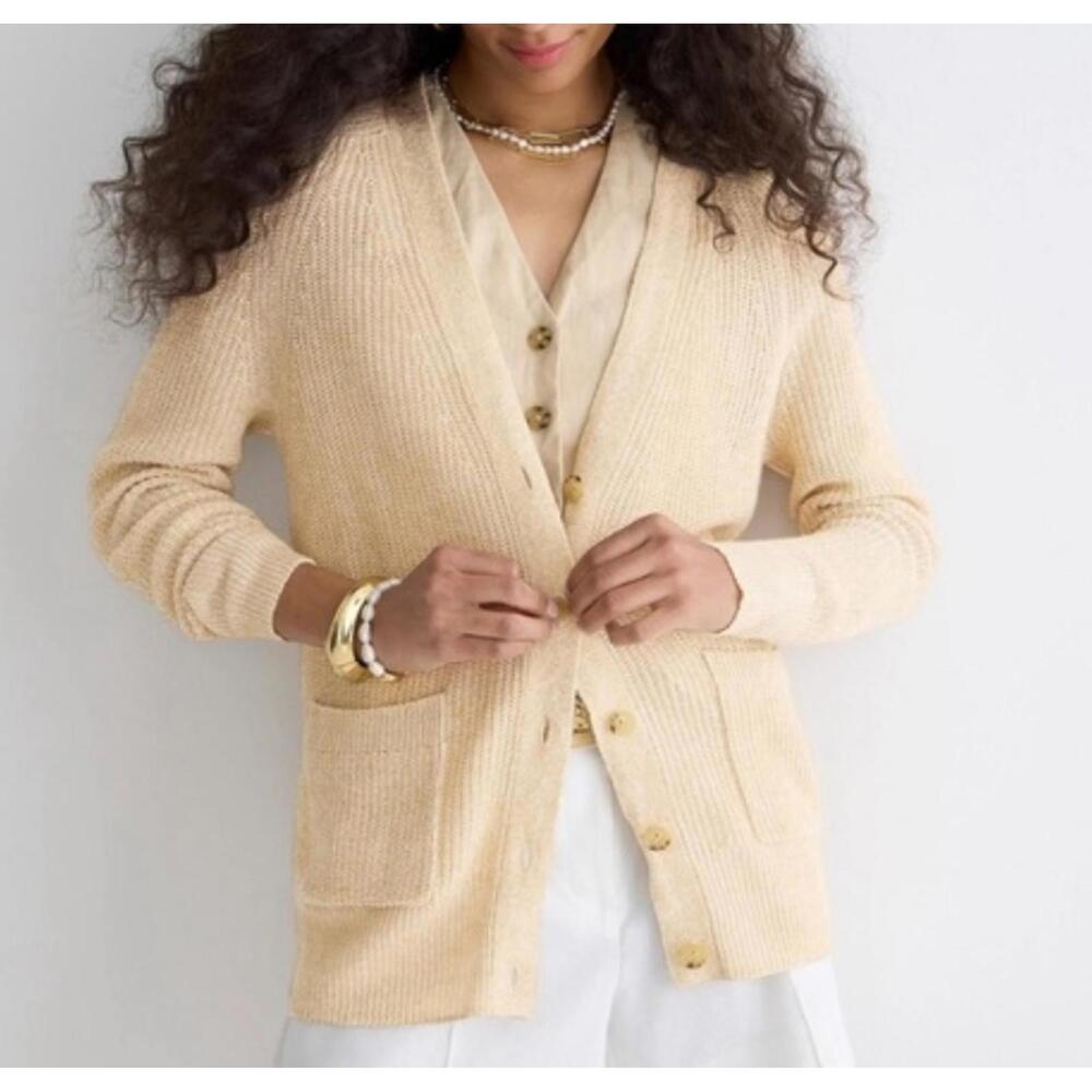 J CREW tan knit linen cotton button down cardigan sz M